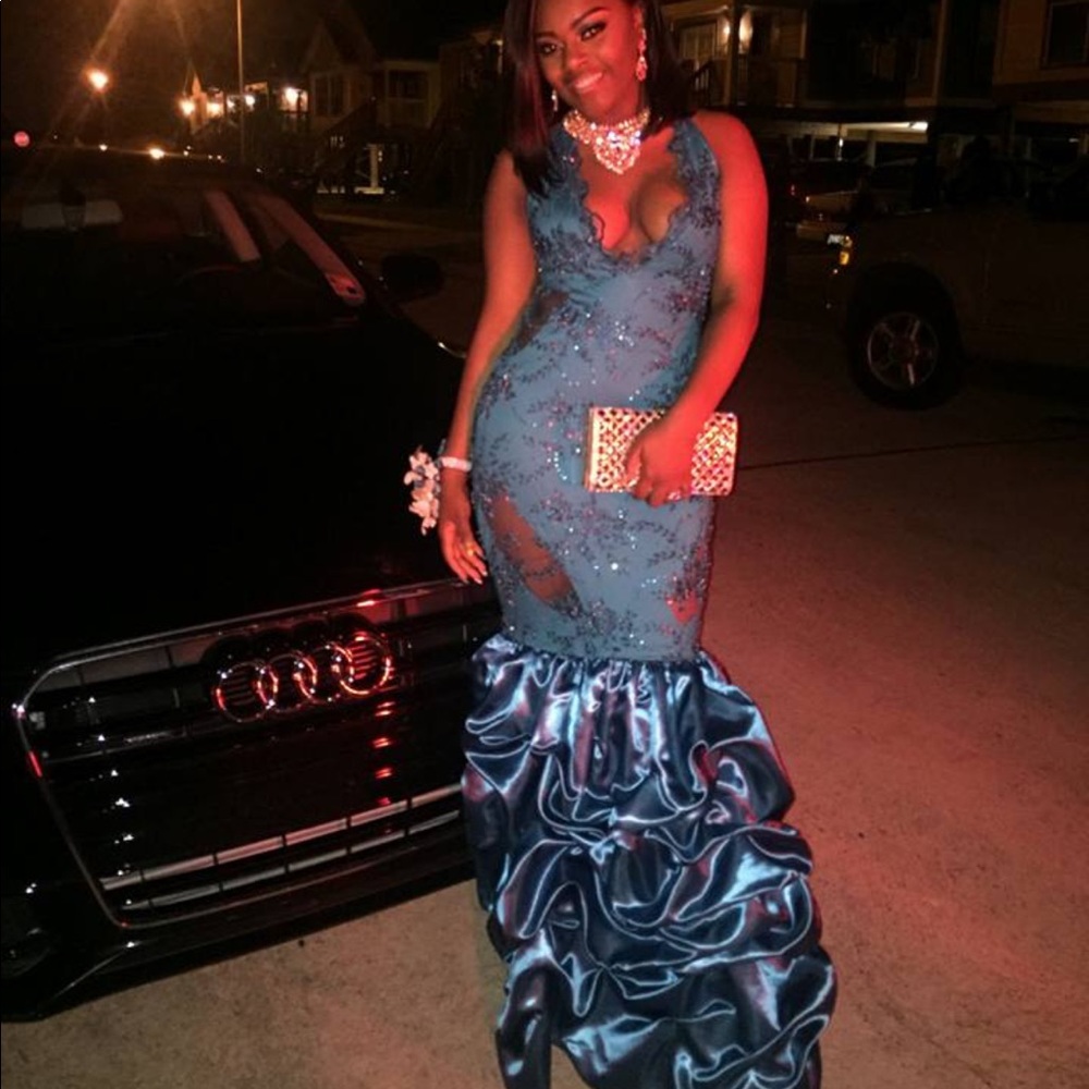 Turquoise beaded criss cross back prom ball gown